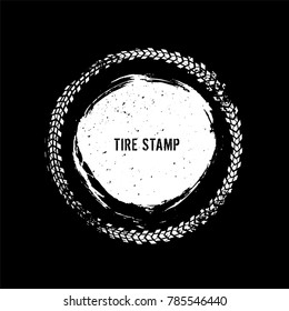 Grunge off-road post and quality stamp. Automotive element useful for banner, sign, logo, icon, label and badge design . Tire tracks textured vector illustration.