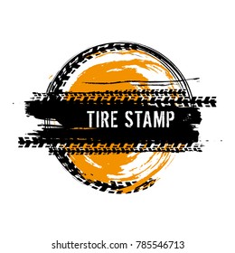 Grunge off-road post and quality stamp. Automotive element useful for banner, sign, logo, icon, label and badge design . Tire tracks textured vector illustration isolated on white background.