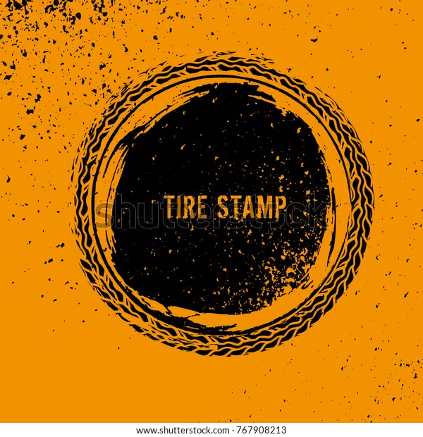 Grunge off-road post and
quality stamp. Automotive element useful for banner, sign, logo,
icon, label and badge design . Tire tracks textured vector
illustration.