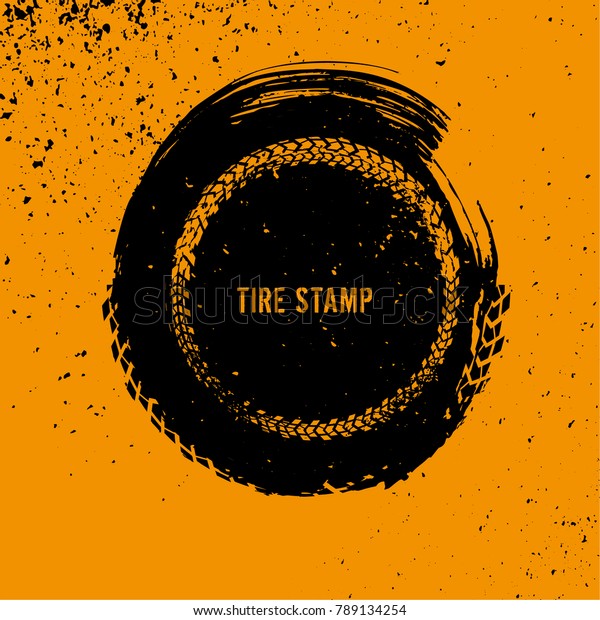 Grunge off-road post and\
quality stamp. Automotive element useful for banner, sign, logo,\
icon, label and badge design . Tire tracks textured vector\
illustration.