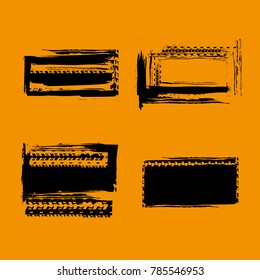 Grunge off-road post and quality stamps. Automotive elements useful for banner, sign, logo, icon, label and badge design . Tire tracks textured vector illustration isolated on orange background.