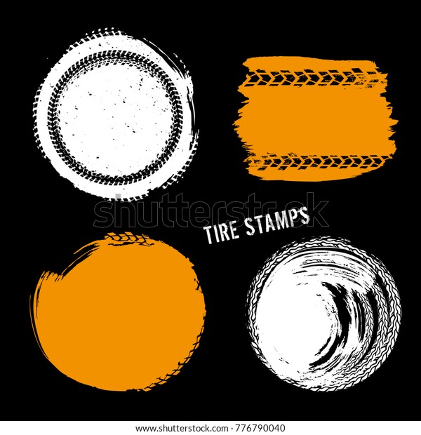 Grunge off-road post and\
quality stamps. Automotive elements useful for banner, sign, logo,\
icon, label and badge design . Tire tracks textured vector\
illustration.