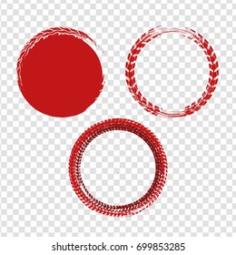 Grunge off-road stamp shaped elements. Automotive collection useful for banner, quality sign, logo, label and badge design . Tire tracks vector illustration in red colour on a transparent background.