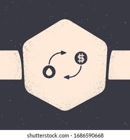 Grunge Oil exchange, water transfer, convert icon isolated on grey background. Monochrome vintage drawing. Vector Illustration