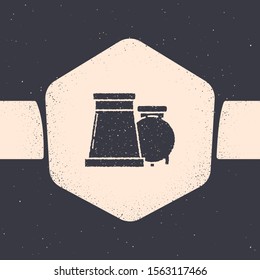 Grunge Oil and gas industrial factory building icon isolated on grey background. Monochrome vintage drawing. Vector Illustration