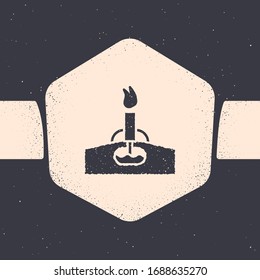Grunge Oil rig with fire icon isolated on grey background. Gas tower. Industrial object. Monochrome vintage drawing. Vector Illustration