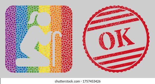 Grunge OK stamp seal and mosaic old woman subtracted for LGBT. Dotted rounded rectangle mosaic is around old woman subtracted shape. LGBT rainbow colors.