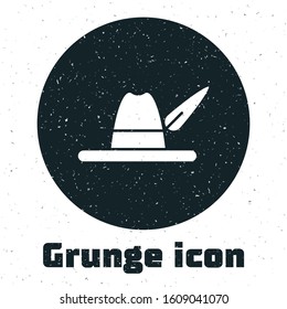 Grunge Oktoberfest hat icon isolated on white background. Hunter hat with feather. German hat.  Vector Illustration