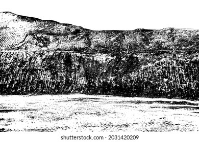 Grunge old rustic vintage relief of rural stony cliff. Uneven aged quarry bluff of geology hard strata. Crannied bumpy stiff tectonic land hillside. Dirtied shabby rough craggy 3D medieval design