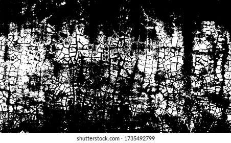 Grunge old texture in black and white. Aged vector surface with scratches, gaps, splits and crumbling stone. Distressed overlay for creating openwork background in 3D design of country loft interior