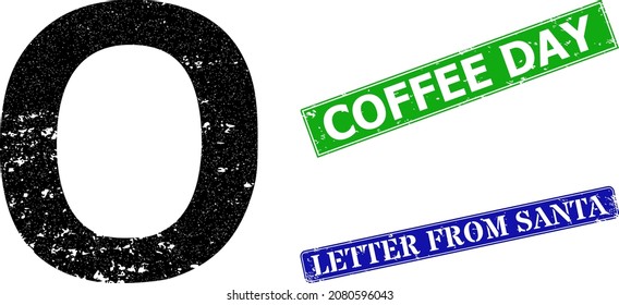 Grunge Omicron Greek symbol icon and rectangular dirty Coffee Day seal. Vector green Coffee Day and blue Letter from Santa imprints with scratched rubber texture,