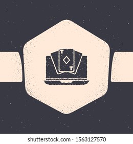 Grunge Online poker table game icon isolated on grey background. Online casino. Monochrome vintage drawing. Vector Illustration