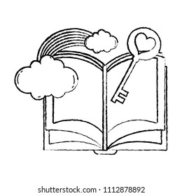grunge open book with heart key and rainbow clouds