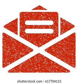 Grunge Open Mail icon with grunge design and scratched texture. Unclean vector red pictogram for rubber seal stamp imitations and watermarks. Draft sticker symbol.