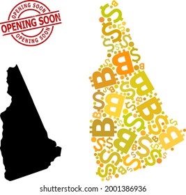 Grunge Opening Soon stamp seal, and finance mosaic map of New Hampshire State. Red round seal has Opening Soon text inside circle. Map of New Hampshire State collage is made with finance, funding,