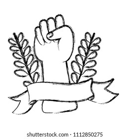 grunge opposition hand protest with branches leaves and ribbon