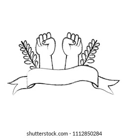 grunge opposition hands protest with branches leaves and ribbon