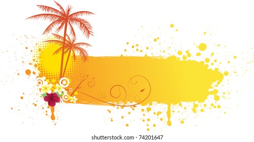 Grunge orange banner with palms and florals