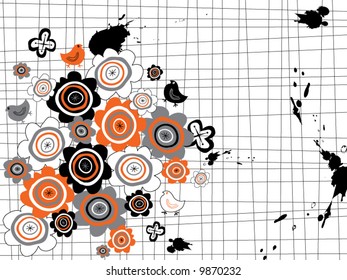 grunge orange flowers and chicks (vector)