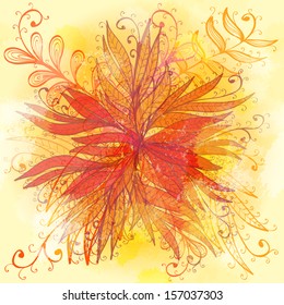 Grunge orange hand drawn floral background. Eps10
