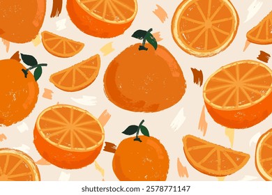 Grunge Oranges Fruits Background. Modern brush painted tangerines design with half cut oranges and slices. 