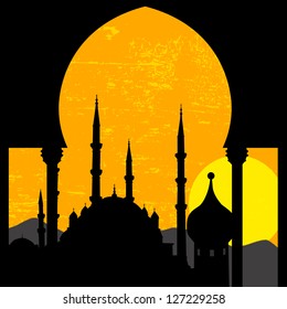 Grunge oriental sunset with mosque, vector illustration