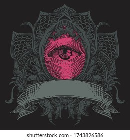 grunge ornament with eye, flora, and ribbon