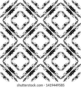 Grunge ornamental rhombus seamless pattern. Black and white geometric waffle background. Monochrome repeat abstract backdrop. Grungy geometry shapes, lines, rhombus. Template. Modern design for prints