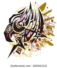 Grunge ornate eagle head with colorful splashes. Tribal peaked detailed eagle head symbol with golden feathers elements and the color twirled floral elements, linear patterns. Hand drawn illustration