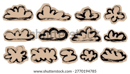 Grunge Outline Scrapbook Collage Clouds Set. Doodle brush stroke clouds stickers. Forecast chalk texture paper cut clouds, sketch vector collage for retro journals, notebooks.