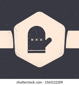 Grunge Oven glove icon isolated on grey background. Kitchen potholder sign. Cooking glove. Monochrome vintage drawing. Vector Illustration