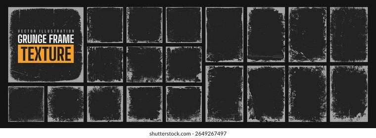Grunge overlay abstract frame, ink brush stroke texture, retro torn paper background and halftone pattern for social media. Ripped photo border for poster, invitation banner, gift card or book cover.