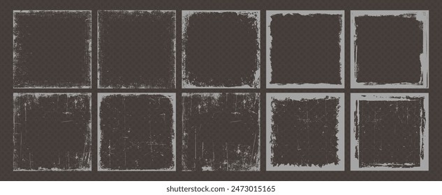 Grunge-Overlay-Effekt-Hintergrund oder schmutziger Retro-Rahmen und Rand-Kollektion mit körniger Lacktextur. Grunge Pinselstrich, zerrissenes Papier oder Riss Wandmuster Kunst. Social Media Banner Silhouette.