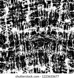 Grunge overlay layer. Abstract black and white vector background. Monochrome vintage surface with dirty pattern in cracks, spots, dots. Old wall in dark horror style design