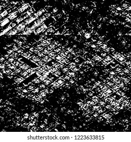 Grunge overlay layer. Abstract black and white vector background. Monochrome vintage surface with dirty pattern in cracks, spots, dots. Old wall in dark horror style design