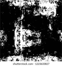 Grunge overlay layer. Abstract black and white vector background. Monochrome vintage surface with dirty pattern in cracks, spots, dots. Old wall in dark horror style design