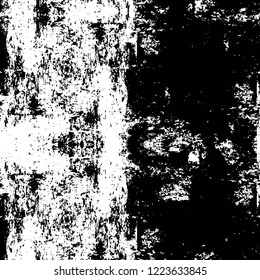 Grunge overlay layer. Abstract black and white vector background. Monochrome vintage surface with dirty pattern in cracks, spots, dots. Old wall in dark horror style design