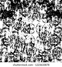 Grunge overlay layer. Abstract black and white vector background. Monochrome vintage surface with dirty pattern in cracks, spots, dots. Old wall in dark horror style design