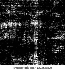 Grunge overlay layer. Abstract black and white vector background. Monochrome vintage surface with dirty pattern in cracks, spots, dots. Old wall in dark horror style design