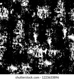 Grunge overlay layer. Abstract black and white vector background. Monochrome vintage surface with dirty pattern in cracks, spots, dots. Old wall in dark horror style design