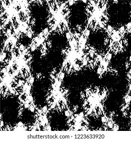 Grunge overlay layer. Abstract black and white vector background. Monochrome vintage surface with dirty pattern in cracks, spots, dots. Old wall in dark horror style design