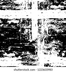 Grunge overlay layer. Abstract black and white vector background. Monochrome vintage surface with dirty pattern in cracks, spots, dots. Old wall in dark horror style design