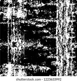 Grunge overlay layer. Abstract black and white vector background. Monochrome vintage surface with dirty pattern in cracks, spots, dots. Old wall in dark horror style design