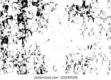 Grunge overlay layer. Abstract black and white vector background. Monochrome vintage surface with dirty pattern in cracks, spots, dots. Old wall in dark horror style design