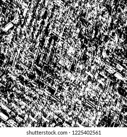 Grunge overlay layer. Abstract black and white vector background. Monochrome vintage surface with dirty pattern in cracks, spots, dots. Old wall in dark horror style design