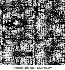 Grunge overlay layer. Abstract black and white vector background. Monochrome vintage surface with dirty pattern in cracks, spots, dots. Old wall in dark horror style design