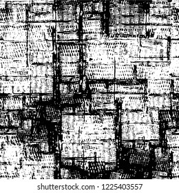 Grunge overlay layer. Abstract black and white vector background. Monochrome vintage surface with dirty pattern in cracks, spots, dots. Old wall in dark horror style design