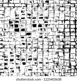 Grunge overlay layer. Abstract black and white vector background. Monochrome vintage surface with dirty pattern in cracks, spots, dots. Old wall in dark horror style design