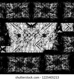 Grunge overlay layer. Abstract black and white vector background. Monochrome vintage surface with dirty pattern in cracks, spots, dots. Old wall in dark horror style design