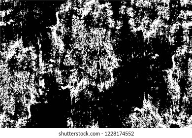Grunge overlay layer. Abstract black and white vector background. Monochrome vintage surface with dirty pattern in cracks, spots, dots. Old wall in dark horror style design